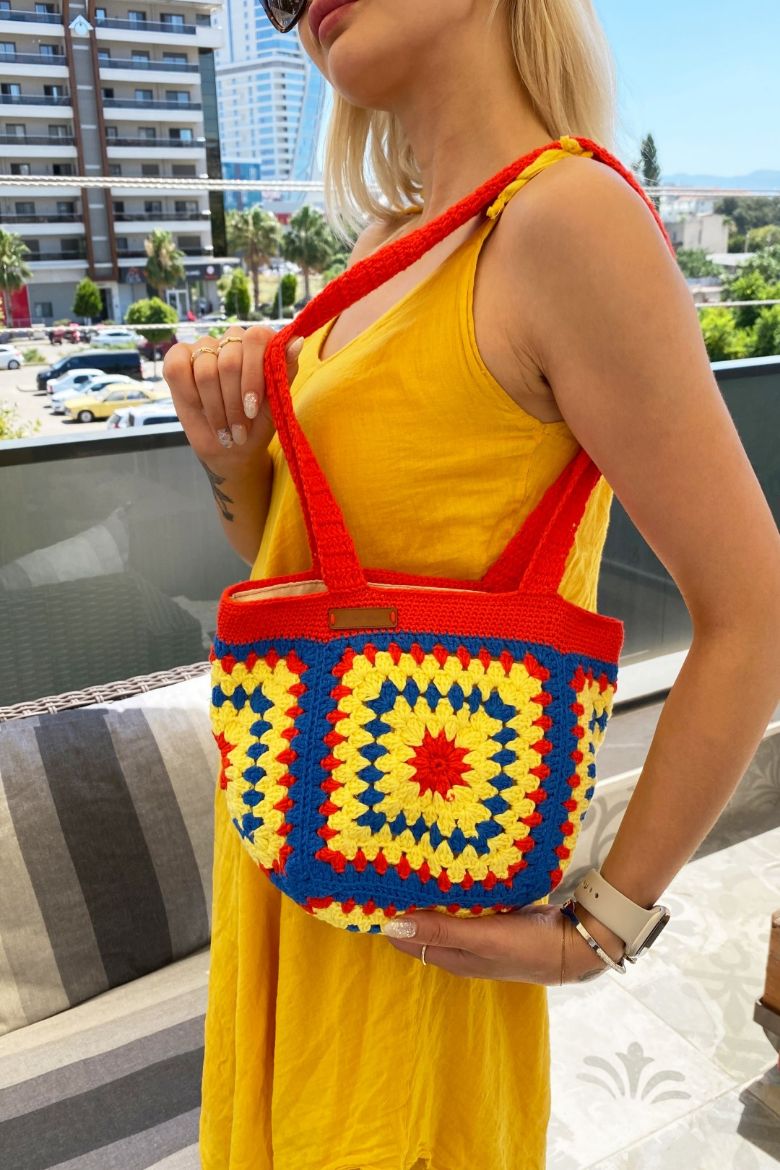 Etnik Desen El Örgüsü Omuz Çanta  KIRMIZI resmi