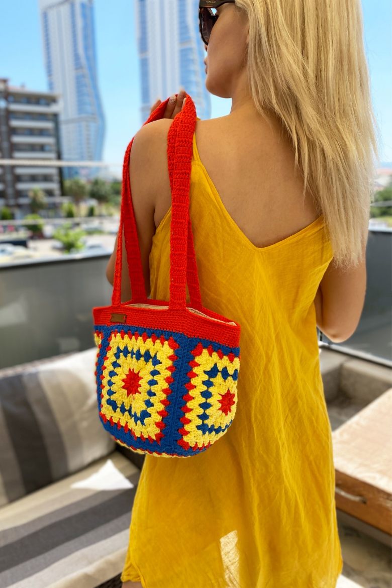 Etnik Desen El Örgüsü Omuz Çanta  KIRMIZI resmi