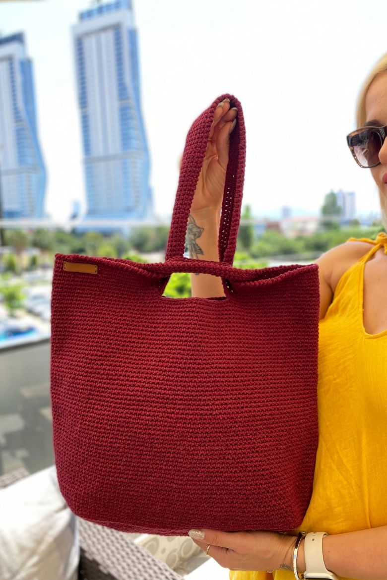 Tığ Işi El Örgüsü Omuz Çanta  VİŞNE resmi