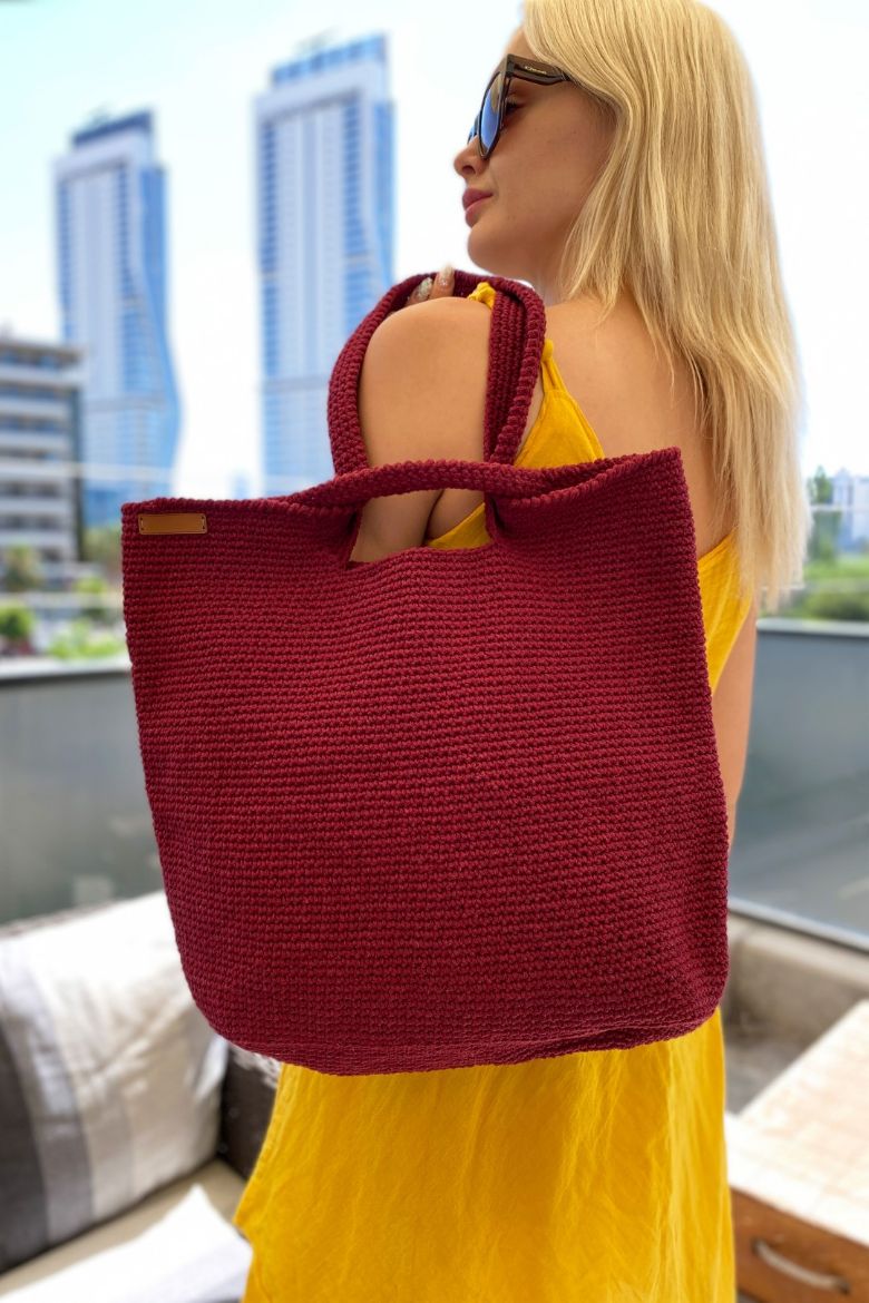 Tığ Işi El Örgüsü Omuz Çanta  VİŞNE resmi