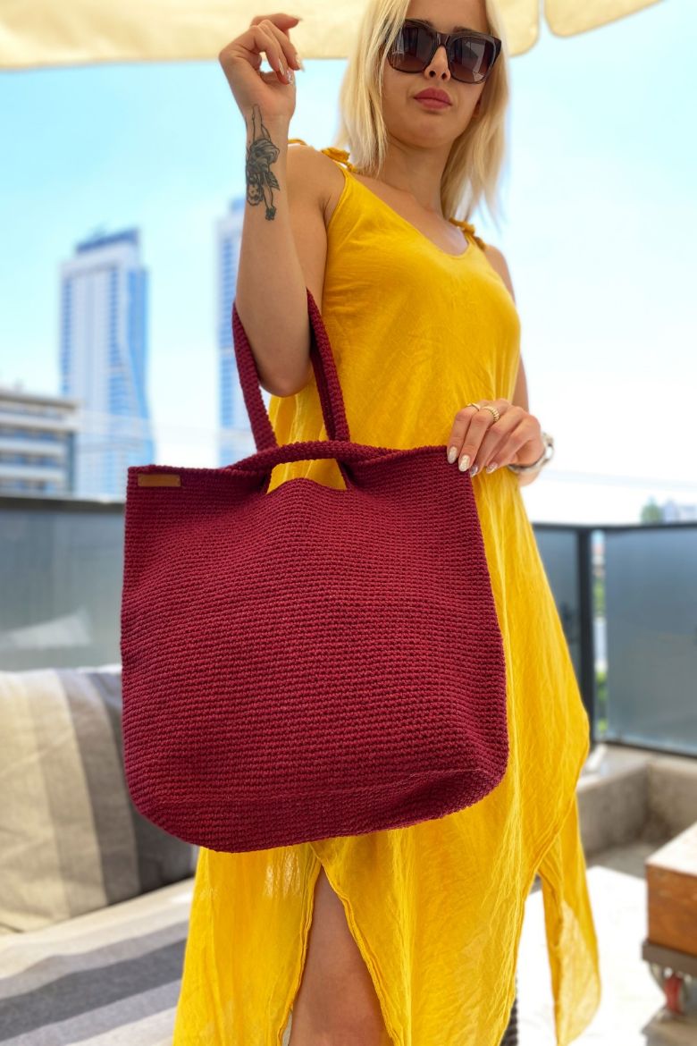 Tığ Işi El Örgüsü Omuz Çanta  VİŞNE resmi