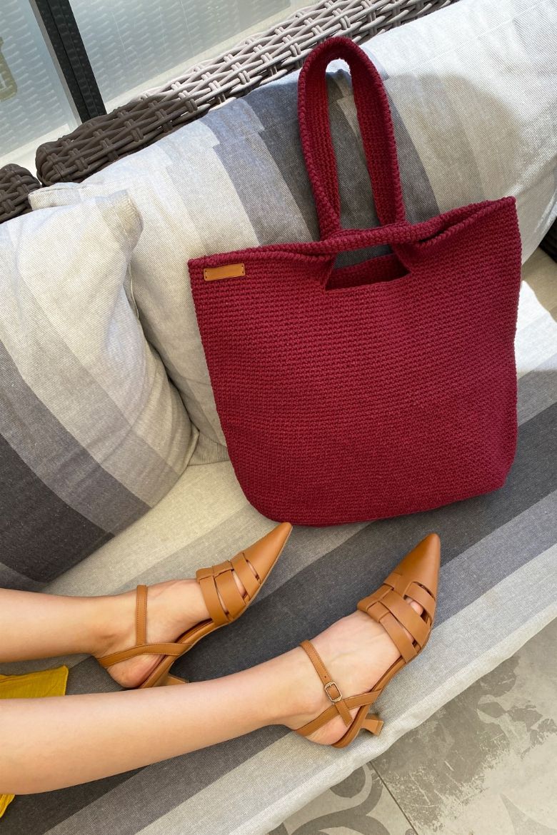 Tığ Işi El Örgüsü Omuz Çanta  VİŞNE resmi