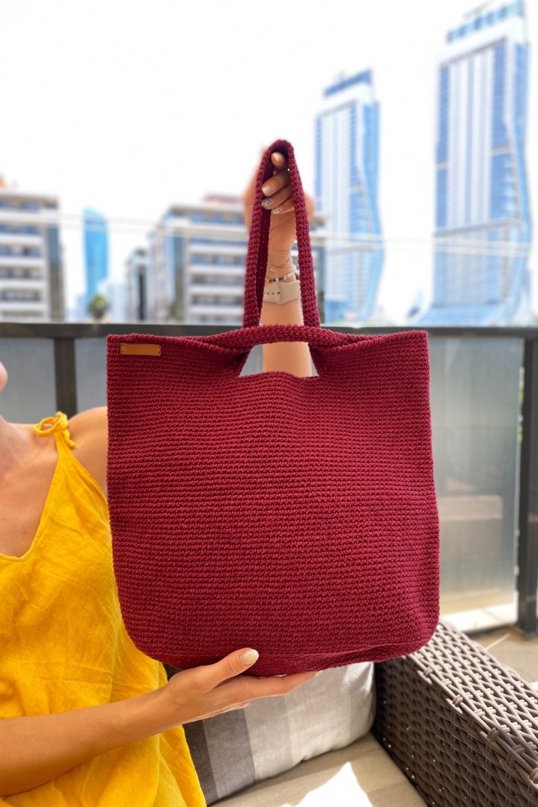 Tığ Işi El Örgüsü Omuz Çanta  VİŞNE resmi