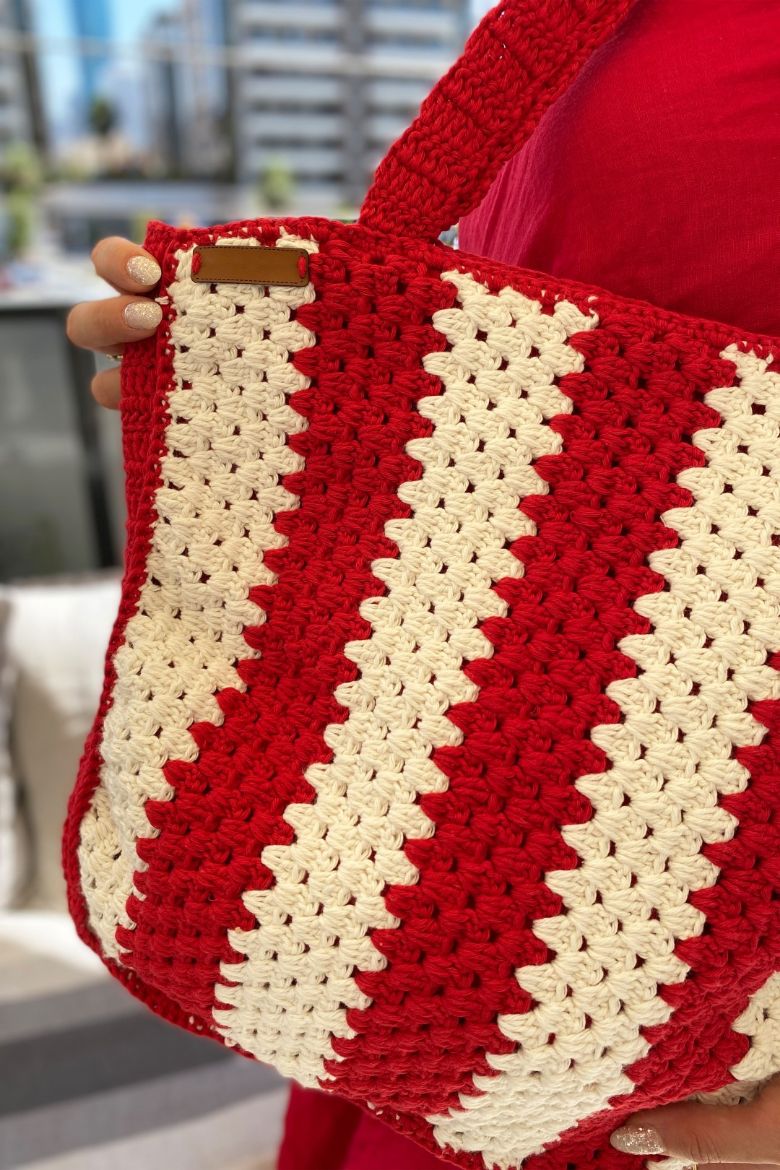 Çizgili El Örgüsü Omuz Çantası  KIRMIZI resmi