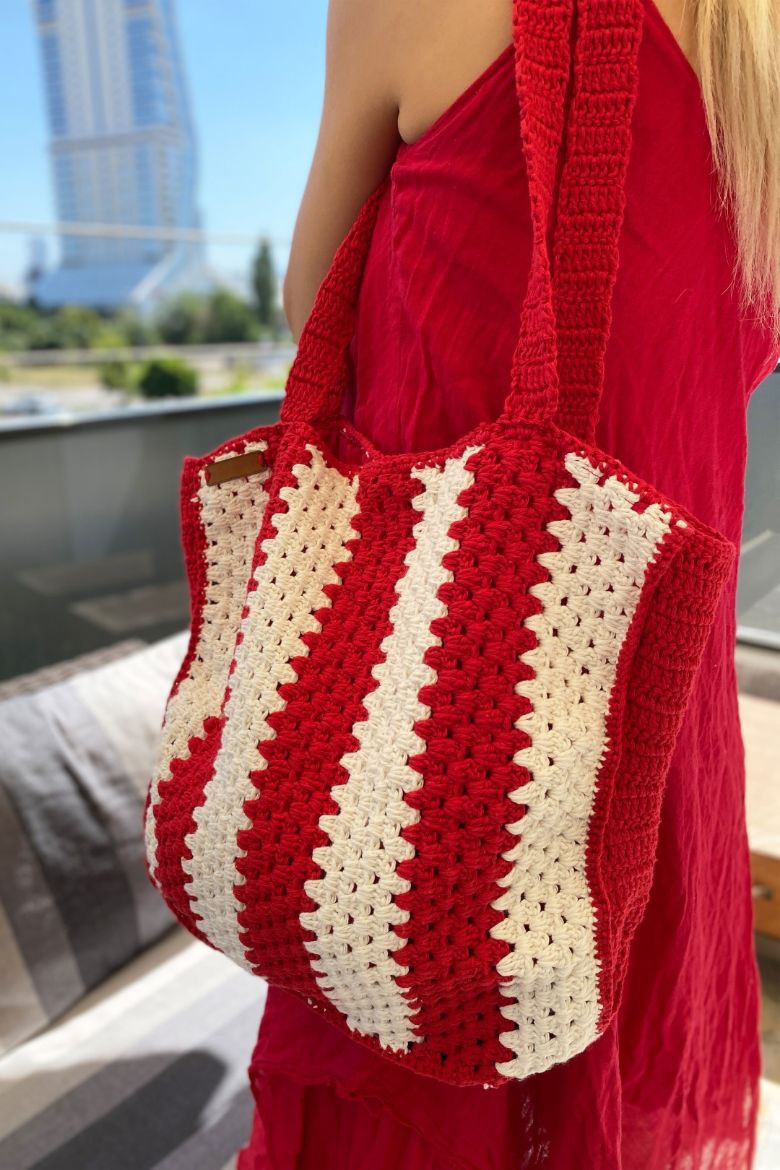 Çizgili El Örgüsü Omuz Çantası  KIRMIZI resmi