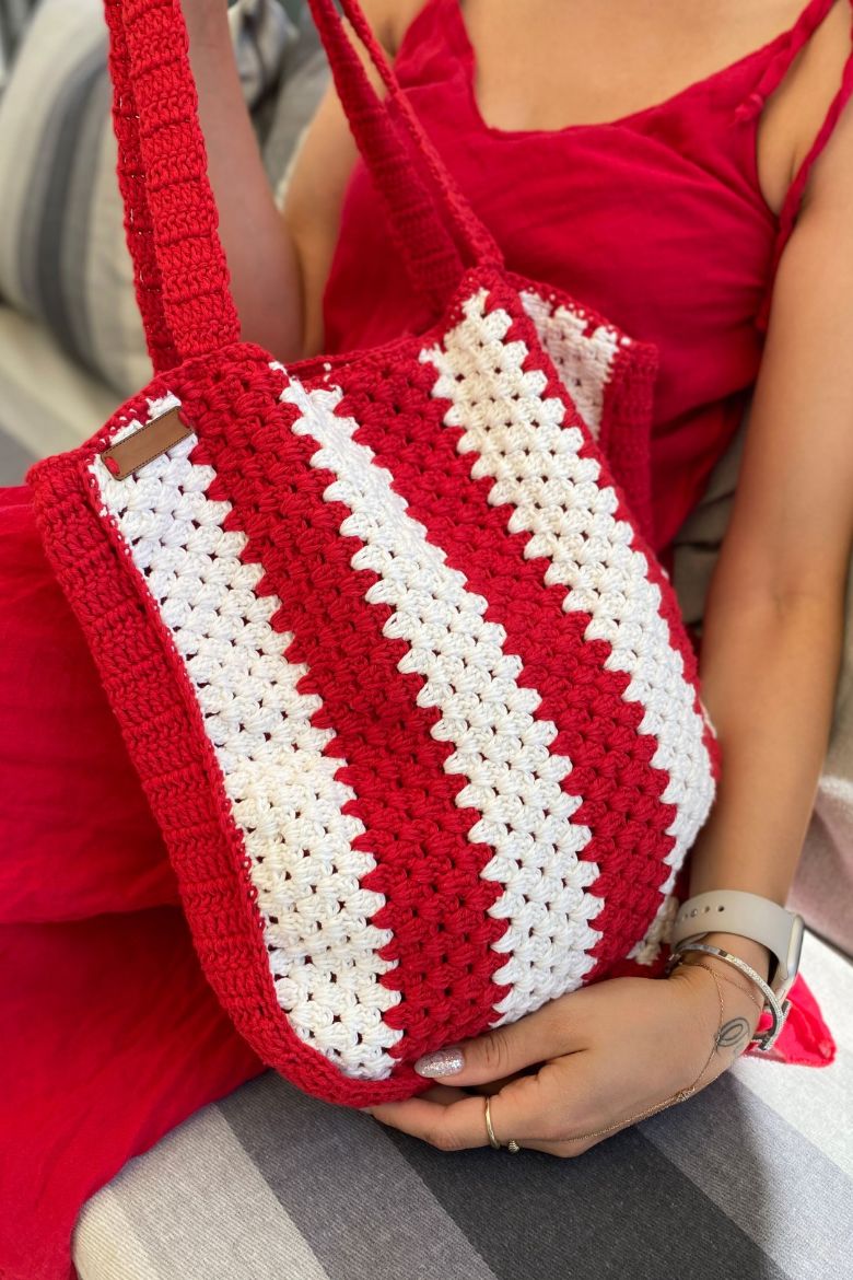 Çizgili El Örgüsü Omuz Çantası  KIRMIZI resmi