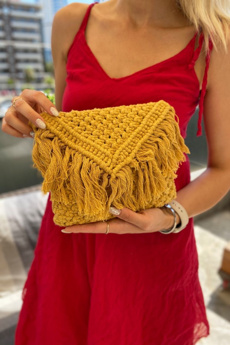 Püsküllü Makrome Tasarım El Çanta  SARI resmi