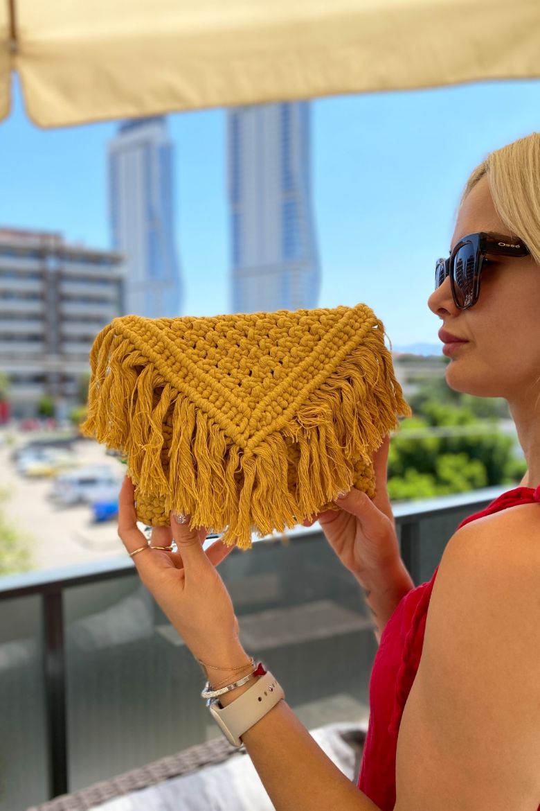 Püsküllü Makrome Tasarım El Çanta  SARI resmi