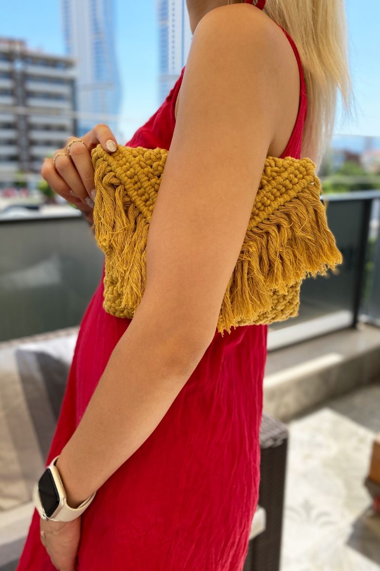 Püsküllü Makrome Tasarım El Çanta  SARI resmi