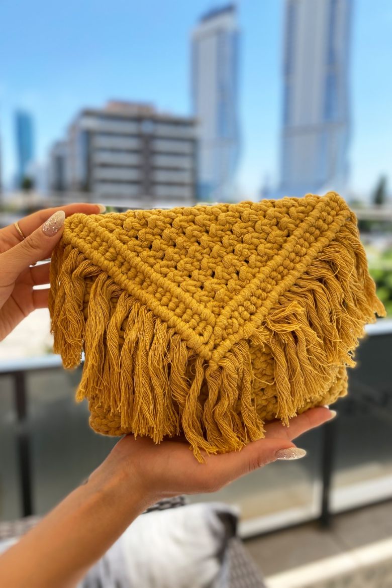 Püsküllü Makrome Tasarım El Çanta  SARI resmi