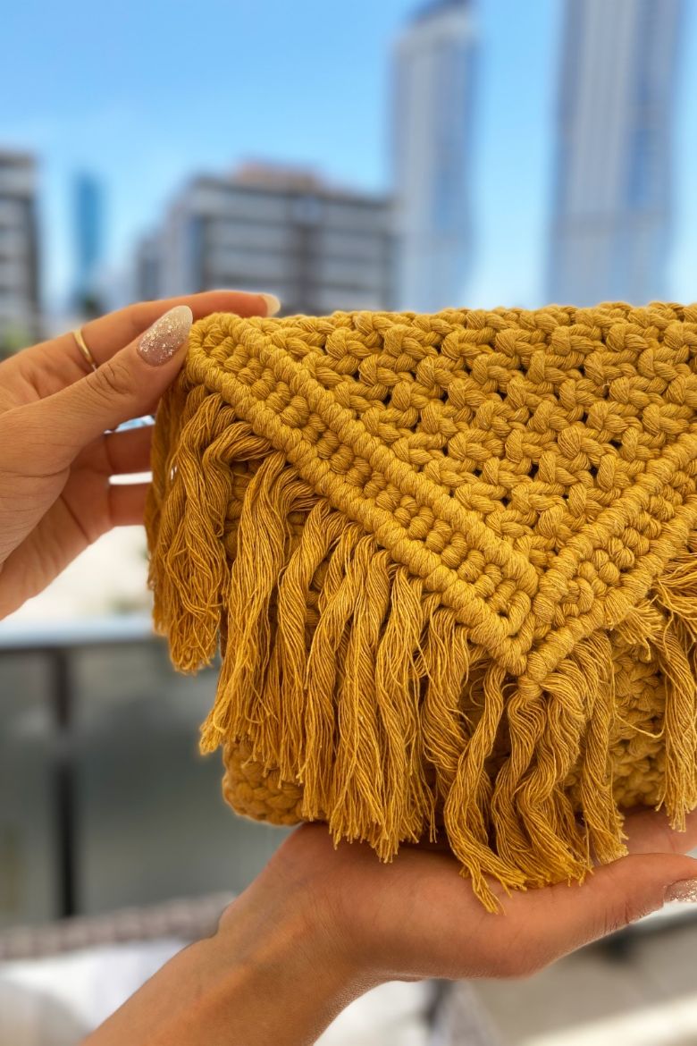 Püsküllü Makrome Tasarım El Çanta  SARI resmi