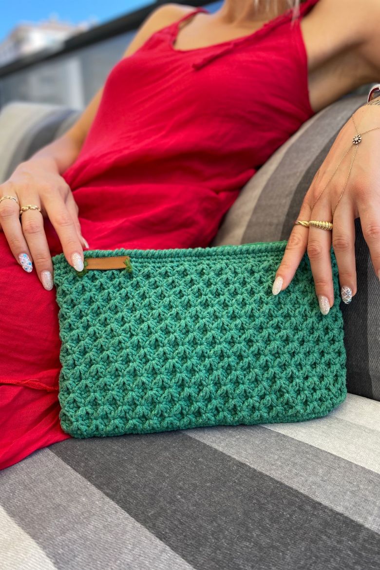 Fermuarlı Makrome Özel Tasarım El Çantası  YEŞİL resmi