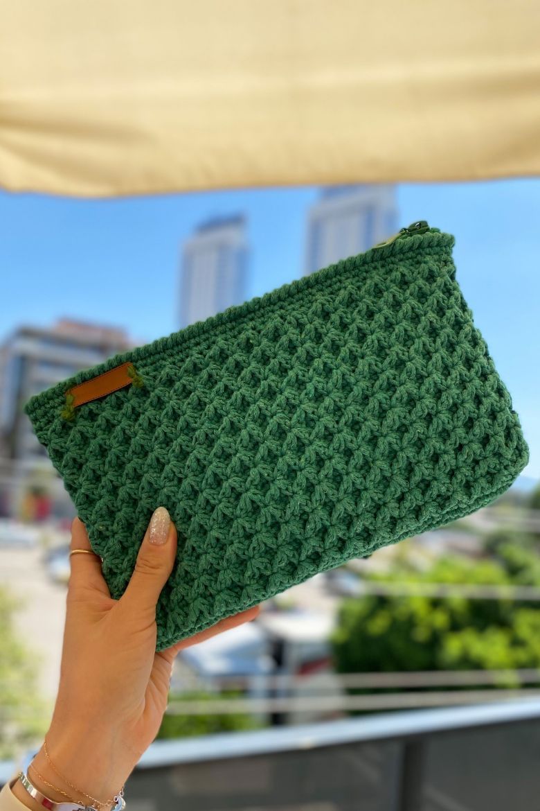 Fermuarlı Makrome Özel Tasarım El Çantası  YEŞİL resmi