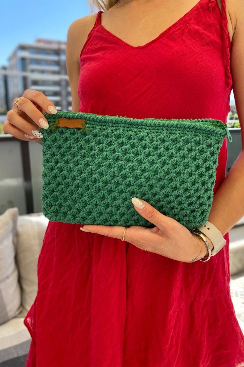 Fermuarlı Makrome Özel Tasarım El Çantası  YEŞİL resmi