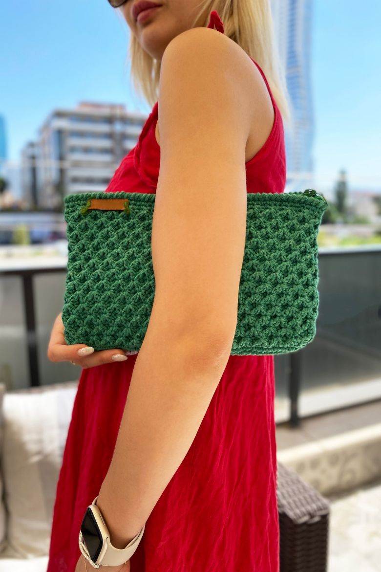 Fermuarlı Makrome Özel Tasarım El Çantası  YEŞİL resmi