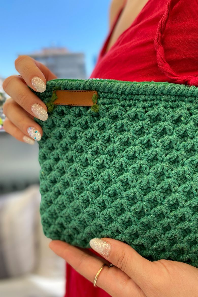 Fermuarlı Makrome Özel Tasarım El Çantası  YEŞİL resmi