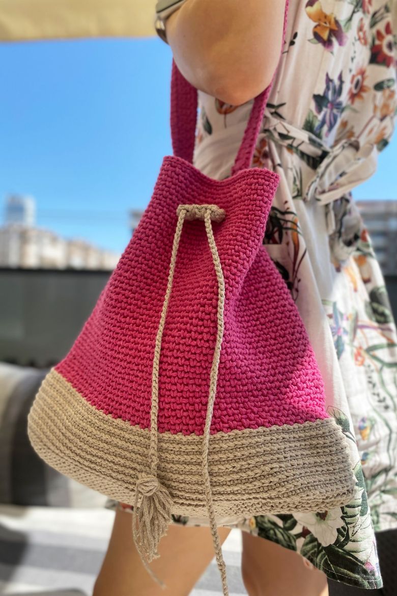 Makrome Örgü Büzgü Detaylı Özel Tasarım Omuz Çantası  PEMBE BEJ resmi