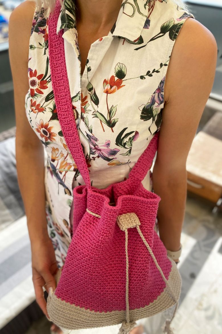 Makrome Örgü Büzgü Detaylı Özel Tasarım Omuz Çantası  PEMBE BEJ resmi