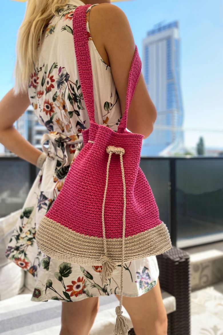 Makrome Örgü Büzgü Detaylı Özel Tasarım Omuz Çantası  PEMBE BEJ resmi