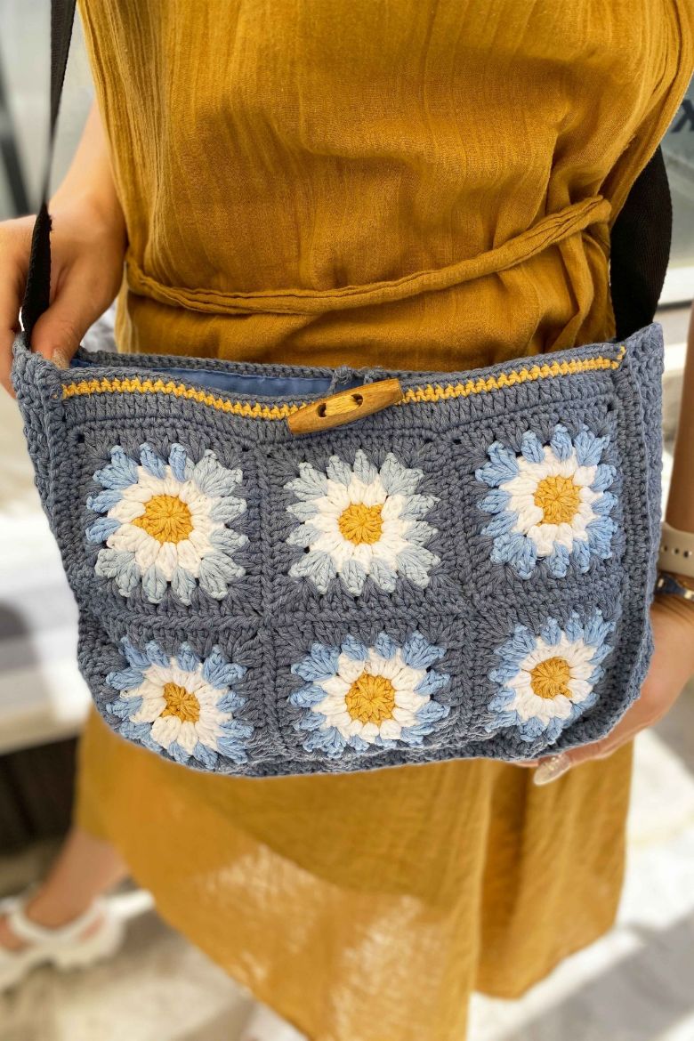 Motifli El Örgüsü Çapraz Çanta  MAVİ resmi