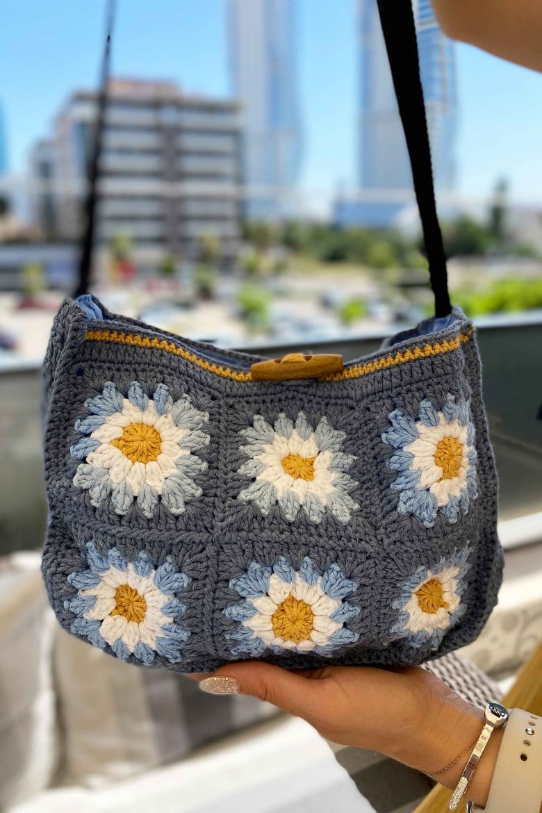 Motifli El Örgüsü Çapraz Çanta  MAVİ resmi