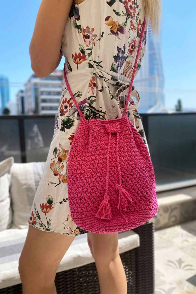 Makrome Özel Tasarım Bohça Çanta  PEMBE resmi