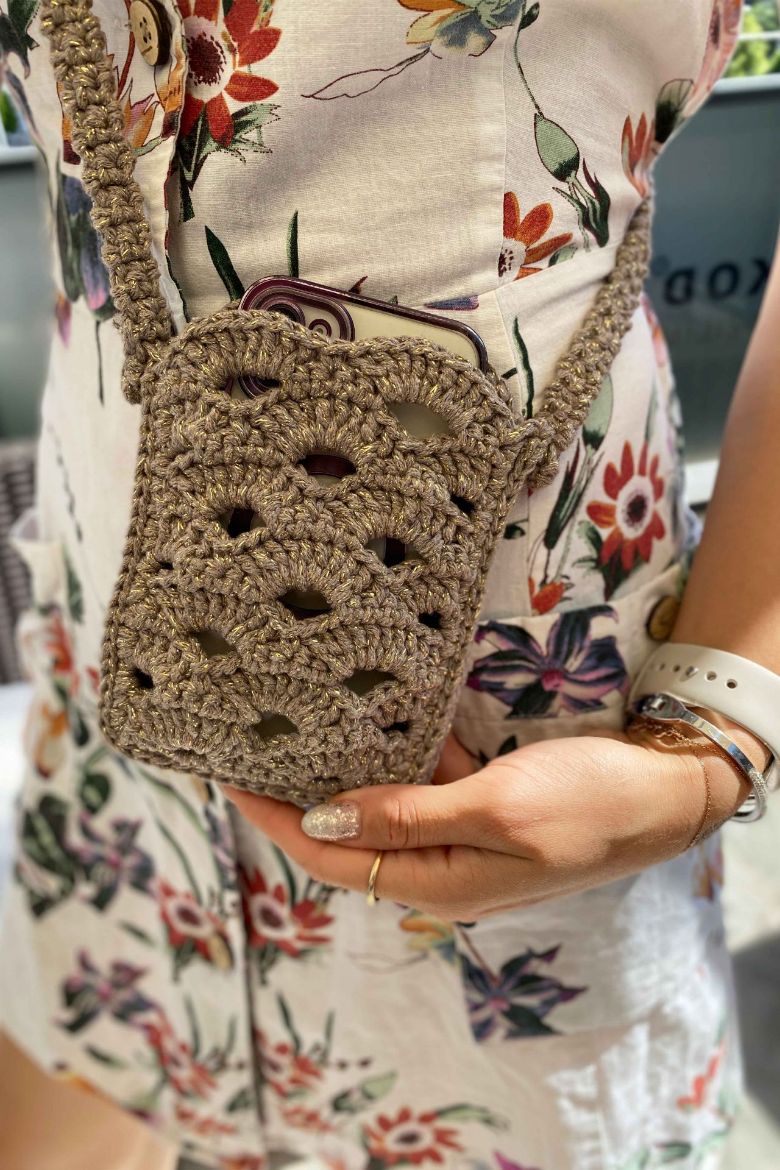 Makrome Coton Özel Tasarım Telefon Çantası  SİMLİ GRİ resmi