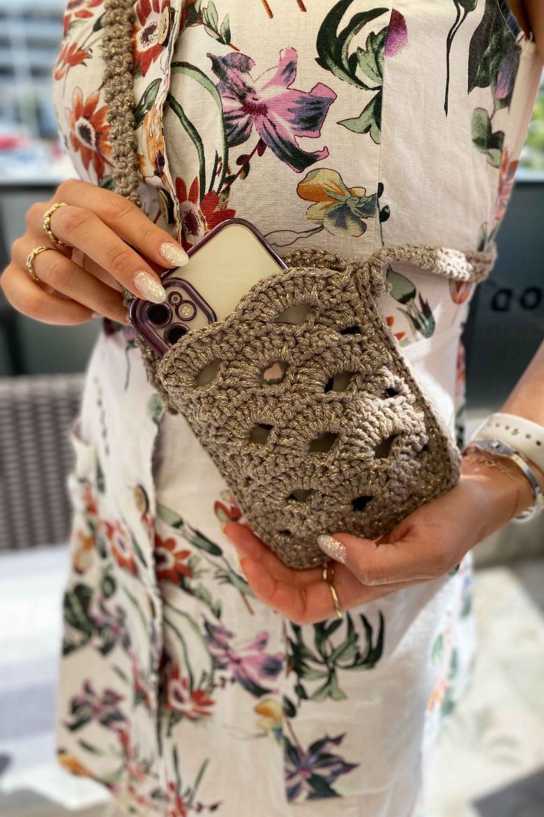 Makrome Coton Özel Tasarım Telefon Çantası  SİMLİ GRİ resmi