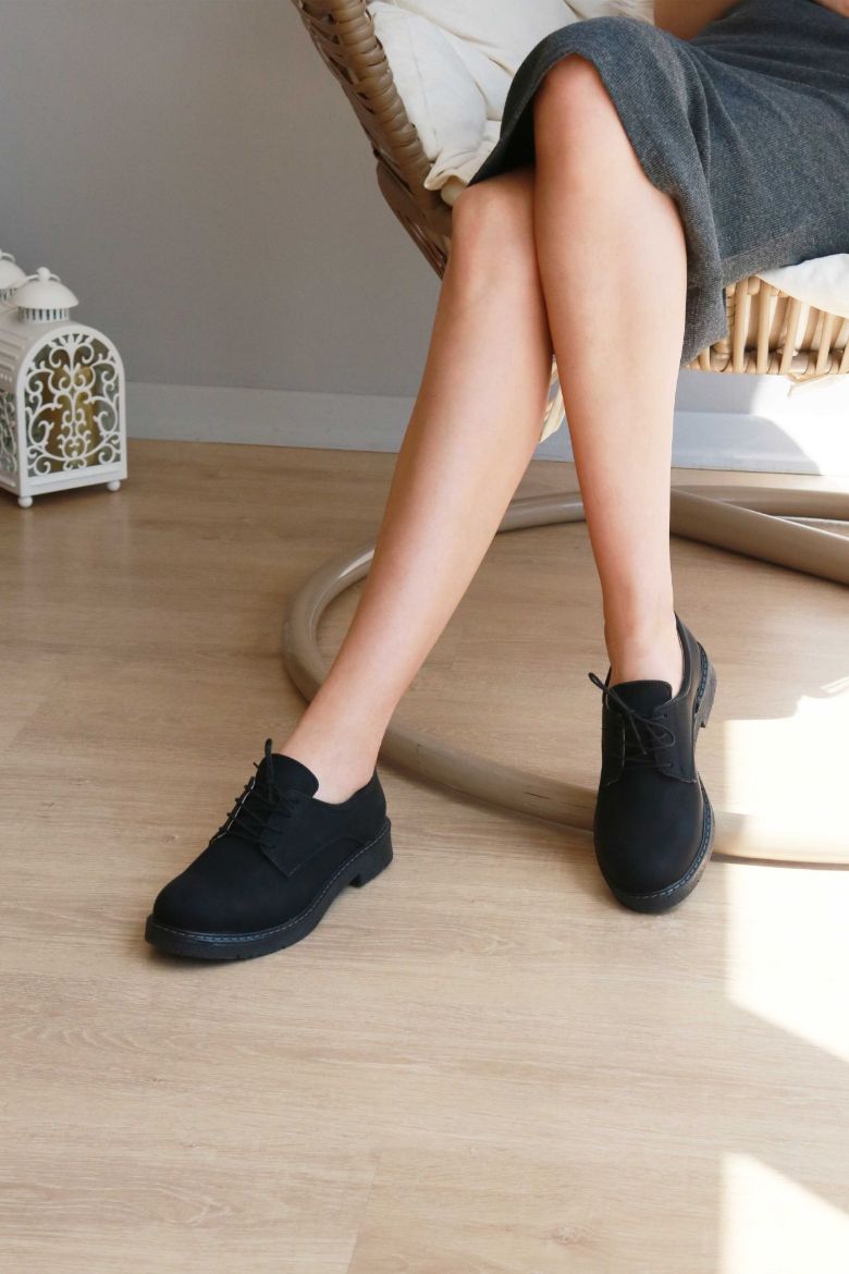 Bağcıklı Düz Taban Kadın Loafer  SİYAH resmi