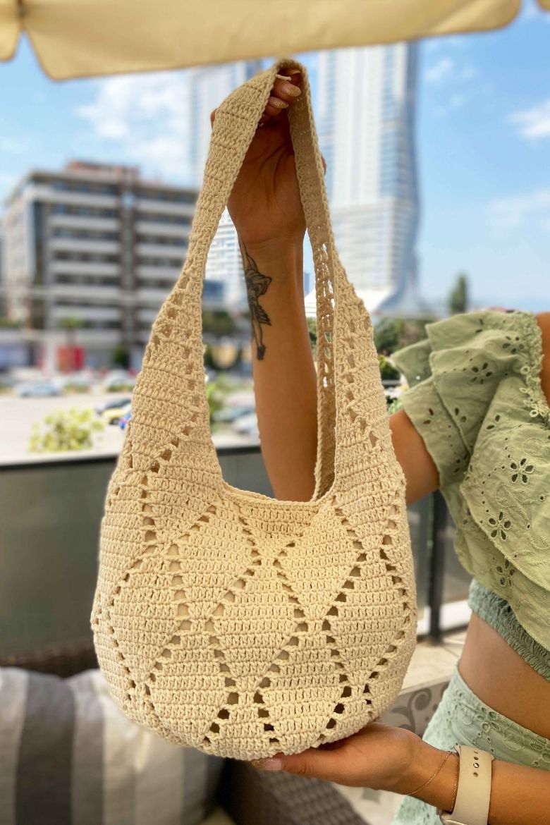 Mini Heybe Model Coton Ip Çanta  EKRU resmi