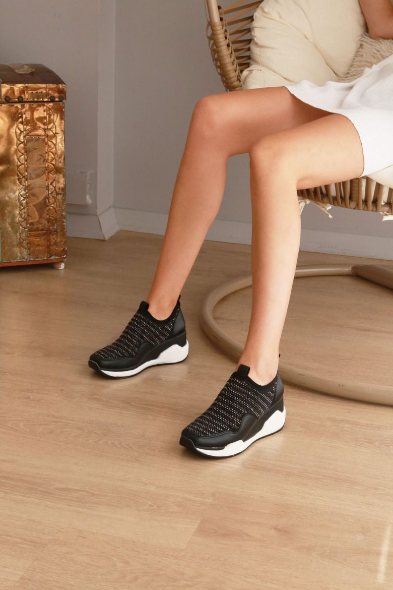 Pullu Kalın Taban Triko Esnek Kadın Günlük Ayakkabı  SİYAH resmi