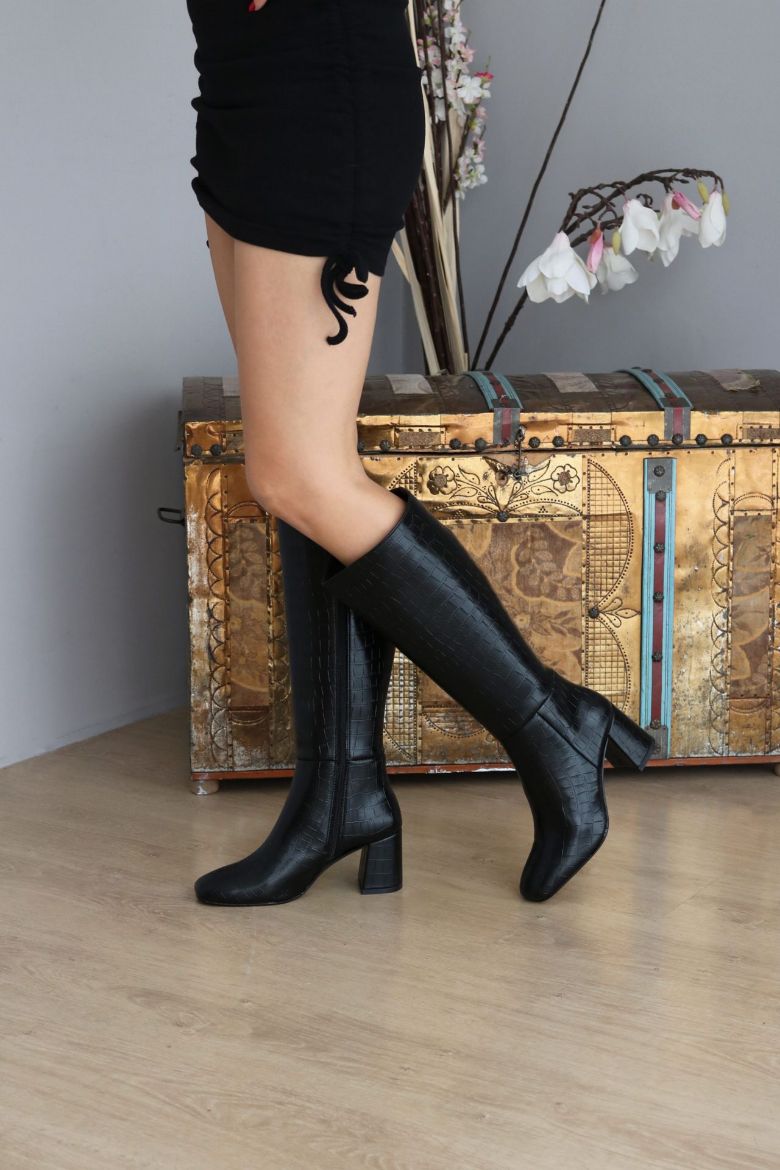 Fermuarlı Yuvarlak Burun Kroko Diz Üstü Kalın Topuklu Çizme  SİYAH resmi
