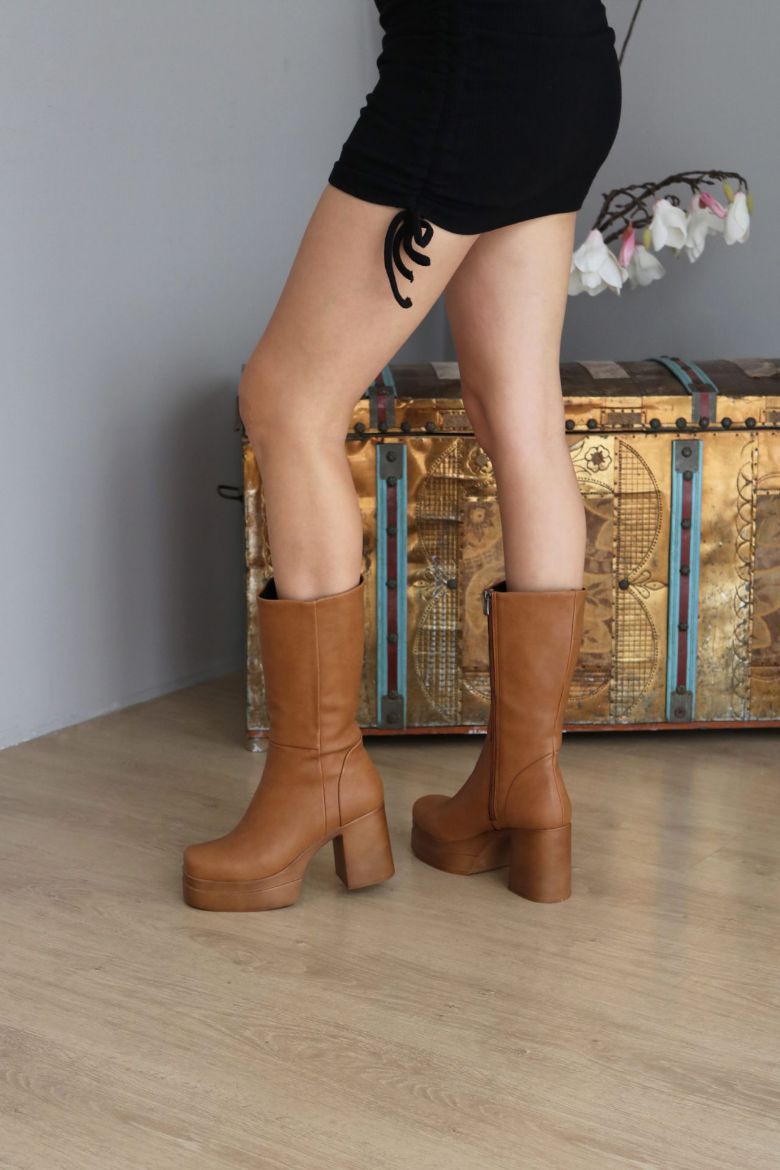 Içi Tüylü Küt Burun Platform Kalın Topuklu Kadın Çizme  TABA resmi