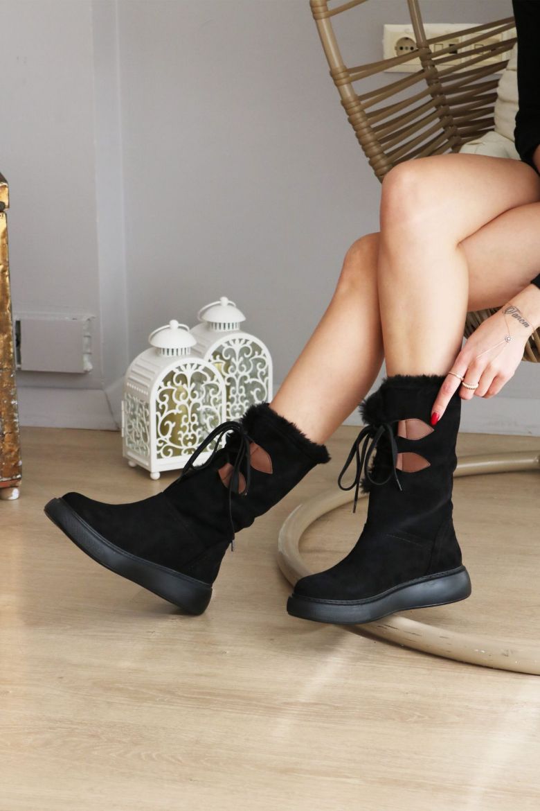 Bağcıklı Kürklü Bilek Üstü Kadın Bot  SİYAH SÜET resmi