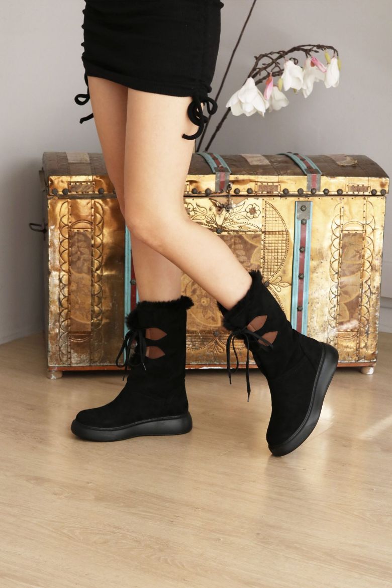 Bağcıklı Kürklü Bilek Üstü Kadın Bot  SİYAH SÜET resmi