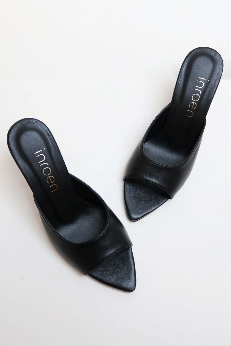 Sivri Burun Hakiki Deri Topuklu Terlik  SİYAH resmi