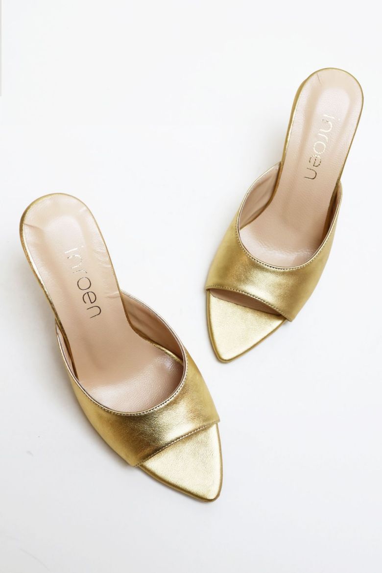 Sivri Burun Hakiki Deri Topuklu Terlik  GOLD resmi