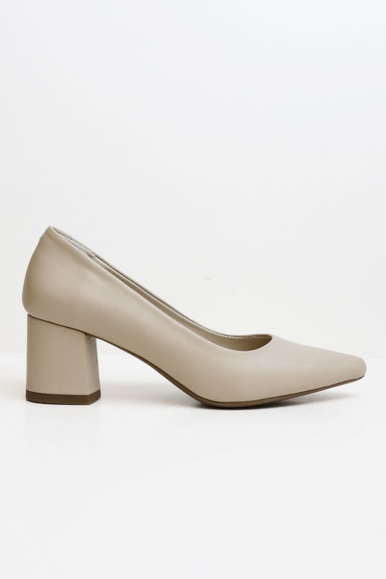 Sivri Burun Hakiki Deri Kısa Kalın Topuklu Kadın Stiletto  TEN  resmi