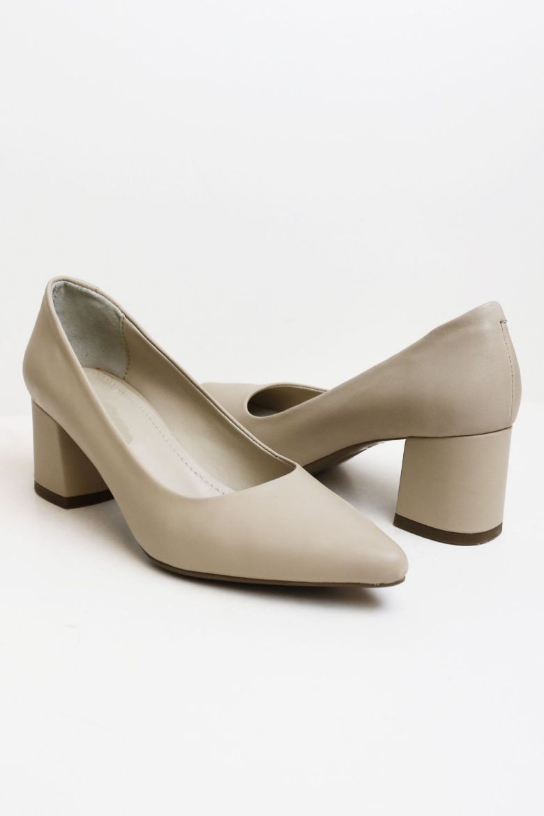 Sivri Burun Hakiki Deri Kısa Kalın Topuklu Kadın Stiletto  TEN  resmi
