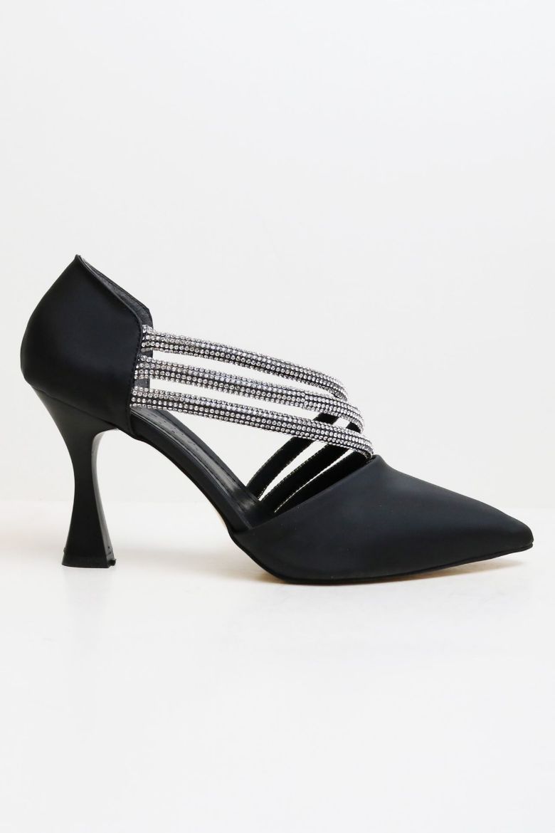 Çapraz Taş Geçişli Sivri Burun Kadeh Topuk Stiletto  SİYAH resmi