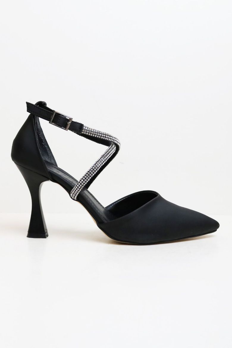 Bilekten Bağlı Sivri Burun Taşlı Kadeh Topuk Stiletto  SİYAH resmi