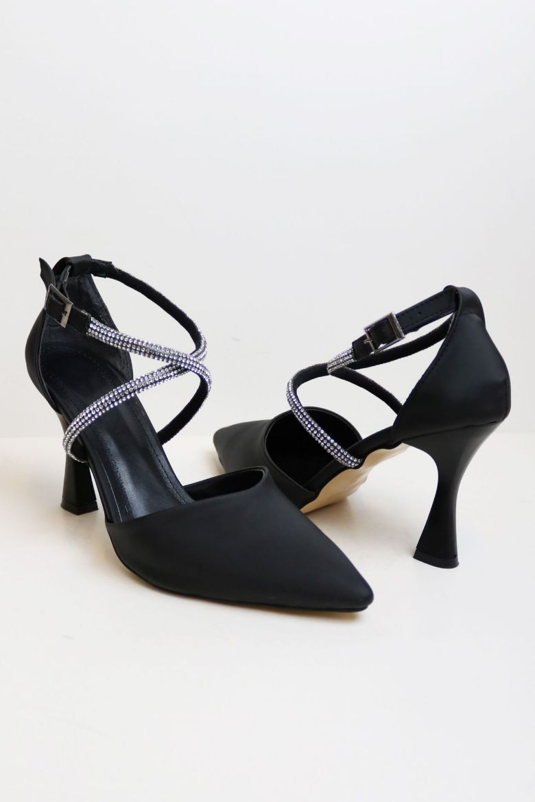 Bilekten Bağlı Sivri Burun Taşlı Kadeh Topuk Stiletto  SİYAH resmi