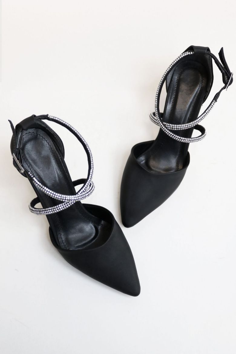 Bilekten Bağlı Sivri Burun Taşlı Kadeh Topuk Stiletto  SİYAH resmi