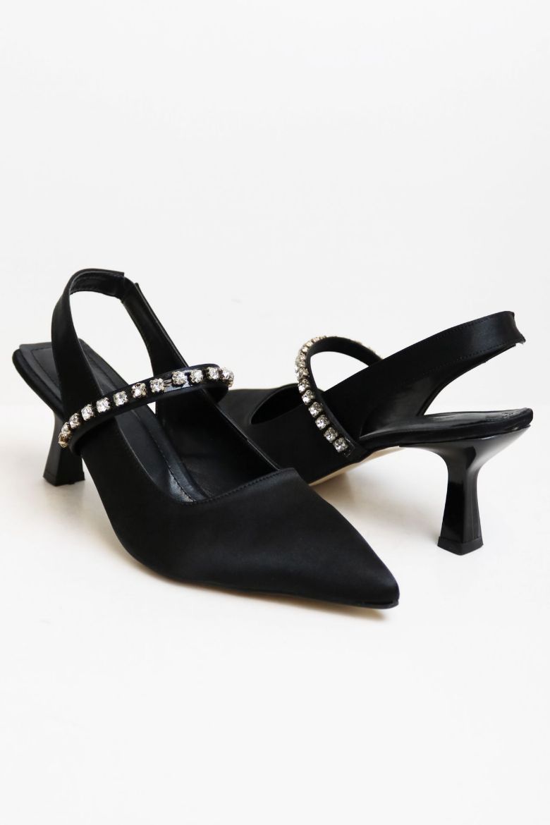 Taş Detaylı Sivri Burun Saten Arkası Açık Kadeh Topuk Stiletto  SİYAH resmi