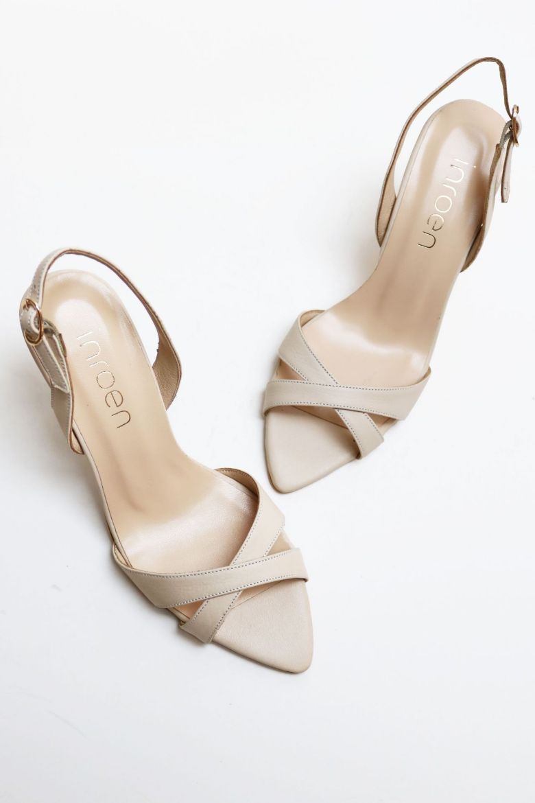 Sivri Burun Çapraz Bantlı Hakiki Deri Topuklu Ayakkabı  TEN  resmi