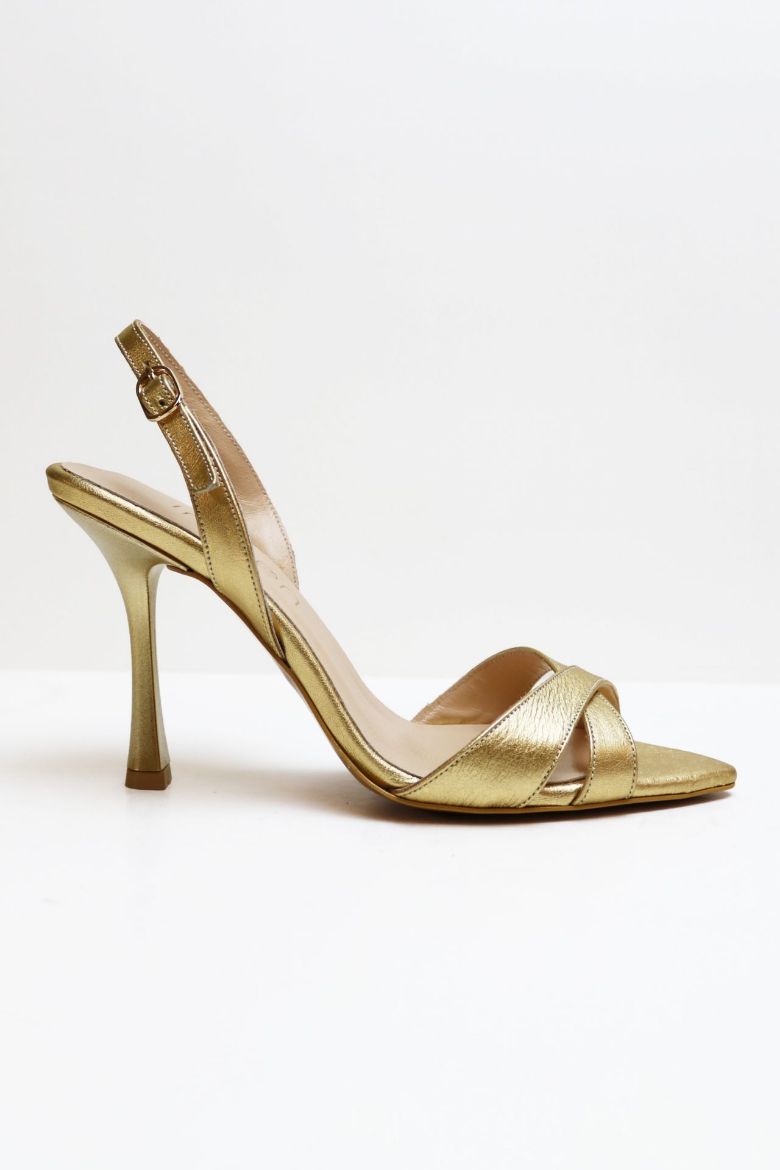 Sivri Burun Çapraz Bantlı Hakiki Deri Topuklu Ayakkabı  GOLD resmi