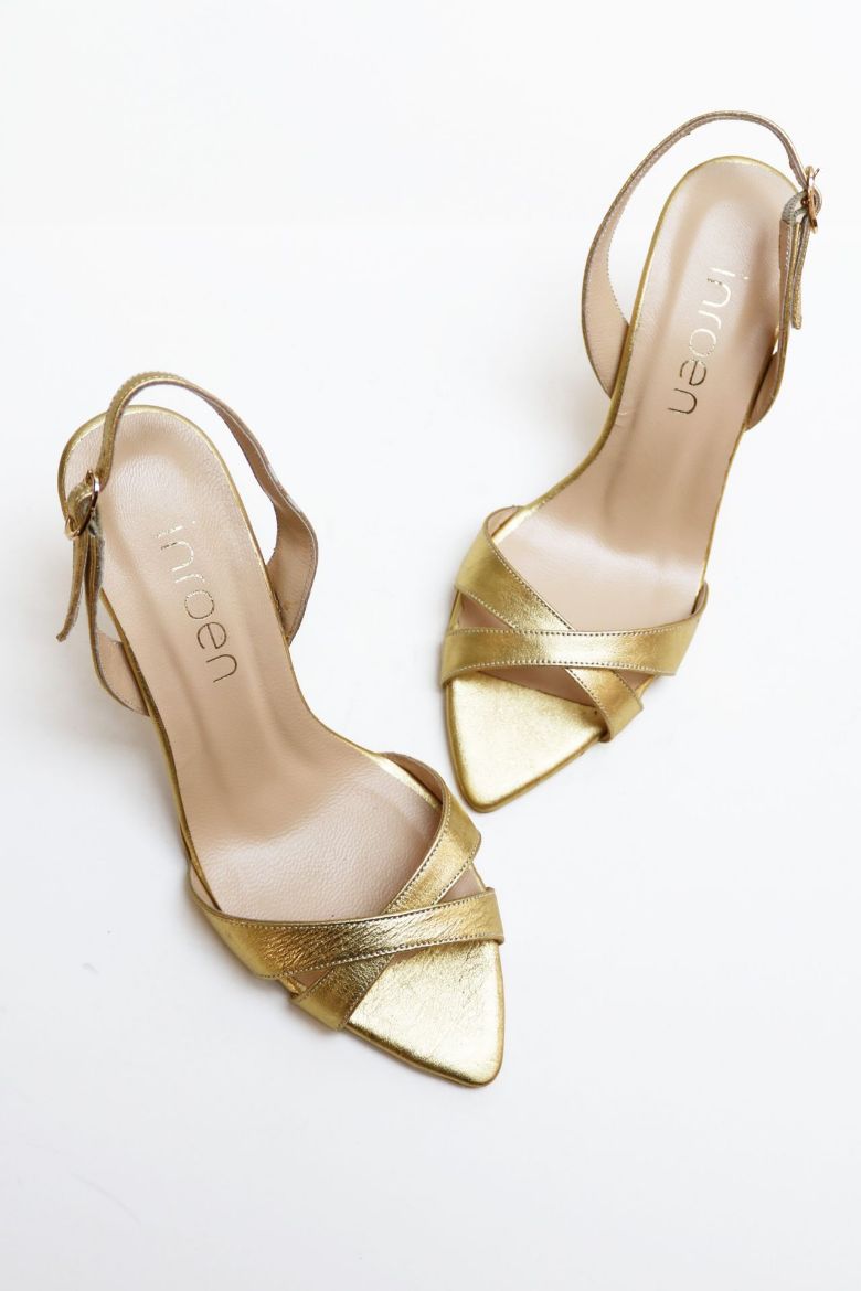 Sivri Burun Çapraz Bantlı Hakiki Deri Topuklu Ayakkabı  GOLD resmi