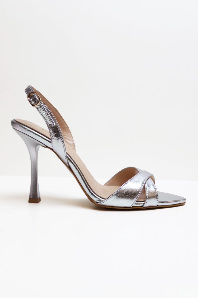 Sivri Burun Çapraz Bantlı Hakiki Deri Topuklu Ayakkabı  GÜMUŞ resmi
