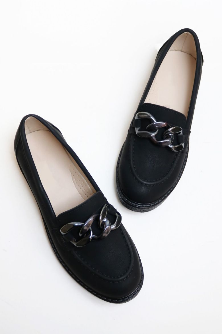 Zincir Detaylı  Düz Taban Kadın Loafer  SİYAH resmi