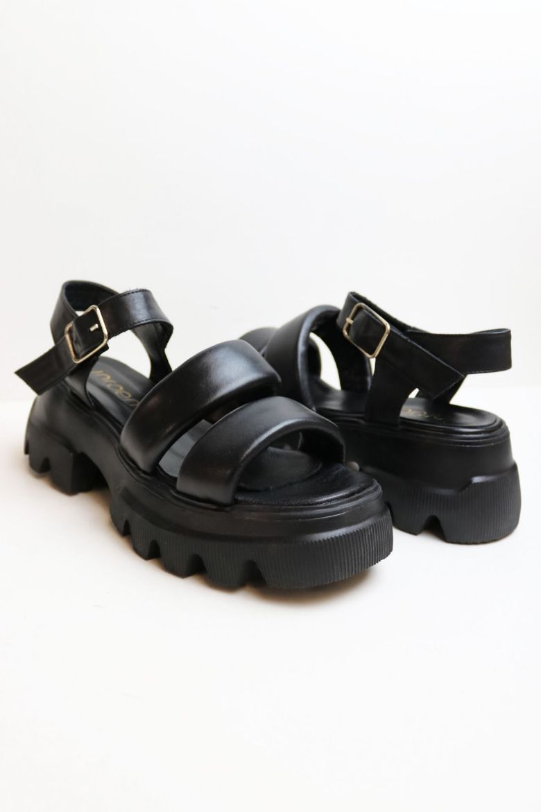 Kemer Detaylı Kalın Taban Hakiki Deri Çift Bantlı Sandalet  SİYAH resmi